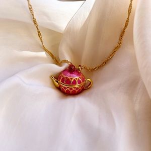 NEW 24k Matte Gold Plated Necklace With Enamel Glaze Openable Teapot Pendant